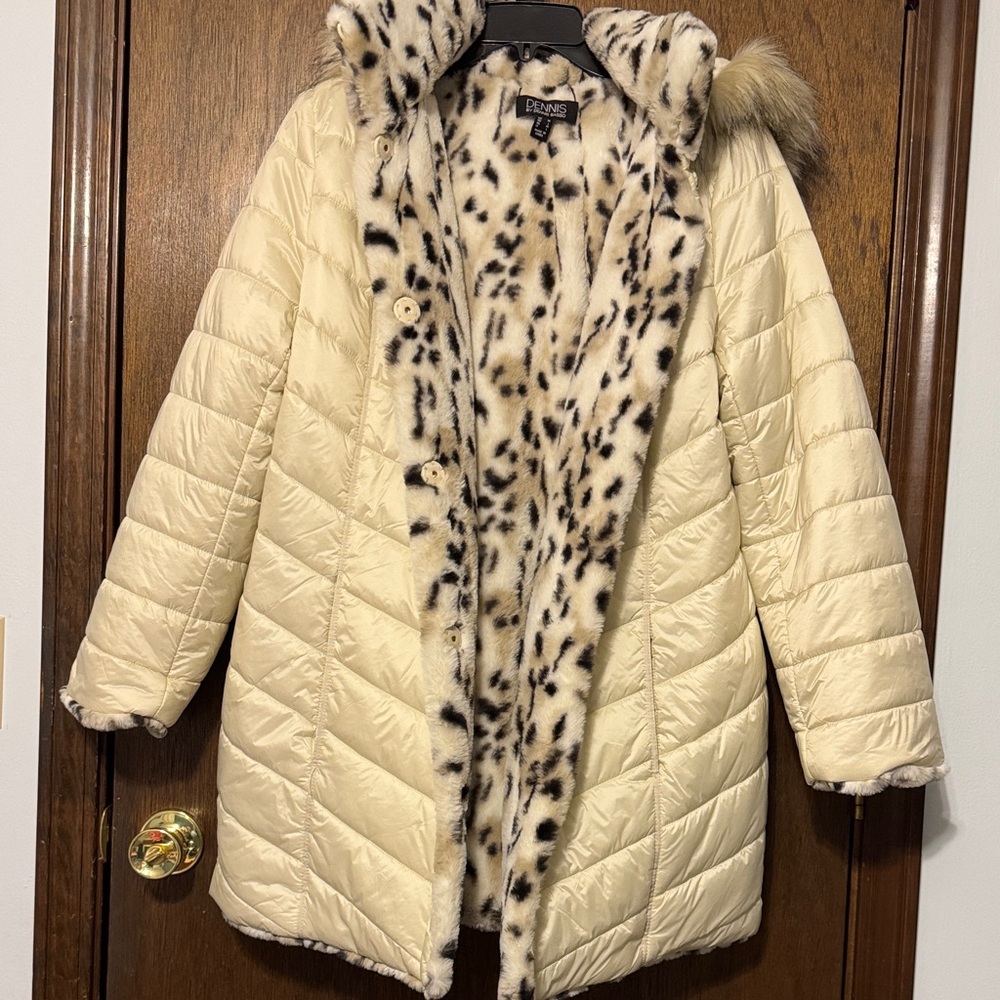 Dennis Basso Cream Puffer Jacket with Animal Print Lining